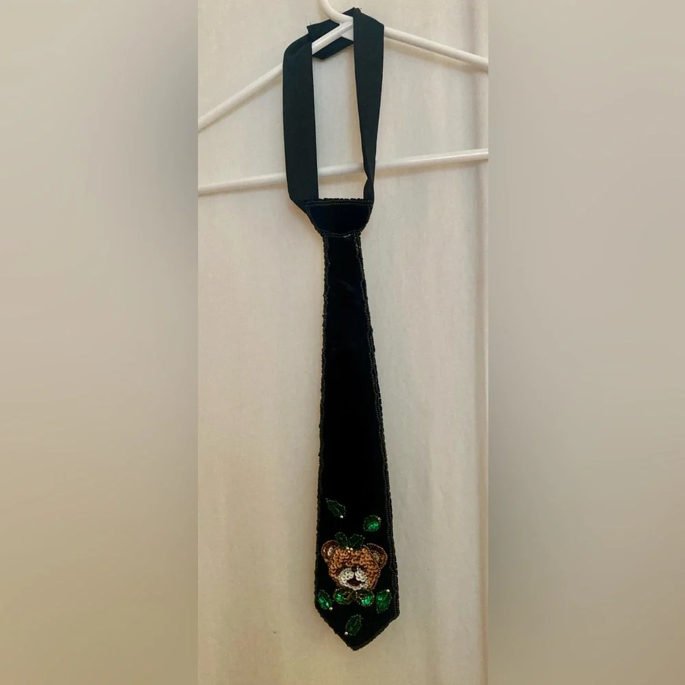 Milor Boys Black Velvet Neck Tie with Holiday Sequin Bear & Holly Detail